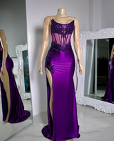 Vestido de fiesta de sirena morado sin tirantes con apliques de encaje satinado, estilo sirena, sexy, con abertura Y8121