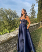 Vestido de noche de satén azul marino corte en A, vestido de graduación azul marino Y4835