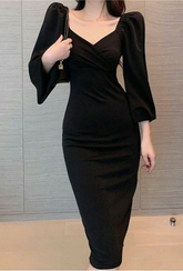 Robe de bal vintage noire mi-longue, robe de soirée noire Y5662