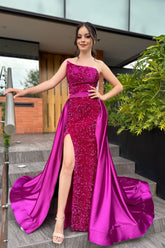 Superbe robe de bal rose en satin sans bretelles et sans manches avec fente pailletée