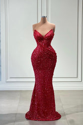 Superbe robe de bal sirène longue rouge à col en V et paillettes sans manches