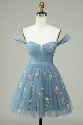 Vestido corto de fiesta con escote corazón y bordado floral, corte en A, para baile de bienvenida, PD472