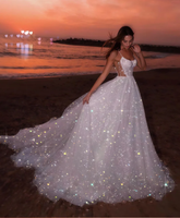 Vestido de noche de fiesta de tul con lentejuelas blancas brillantes, vestido largo de novia de playa sin mangas de corte A Y8011