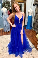 Robe de bal longue en tulle bleu dos nu à col en V et fente haute, robe de soirée de remise de diplôme bleue dos nu Y218