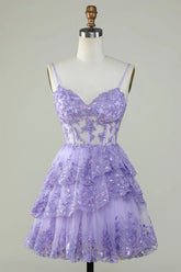 Vestido de fiesta lavanda con corsé de encaje brillante y volantes escalonados PD503