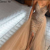 Robe de soirée sirène dos nu dorée, sexy, 2025, perles de cristal, robe de soirée luxueuse, design LA70165