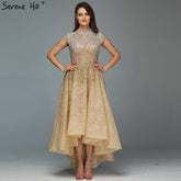 Robe de soirée asymétrique luxueuse dorée à col haut, 2025, perles, paillettes, sans manches, LA60757