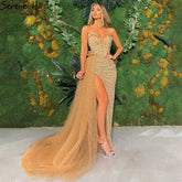 Robe de soirée sirène dorée de luxe, élégante, fendue haute et perlée, pour femme, LA71282, 2025