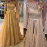 En oferta, sin devoluciones ni reembolsos. Vestidos de noche dorados, sexys, de un solo hombro, estilo Dubái, colección 2025. Vestido formal de lujo, corte en A, manga larga y brillo, modelo LA70329.