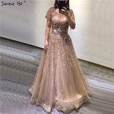 Robe de soirée luxueuse à manches courtes et perles dorées, coupe trapèze, à lacets, pour femme, modèle LA70464, 2025