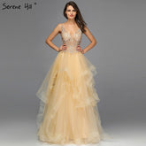 On Sale No Return No Refund Sale Gold V-Neck Beading Diamond Evening Dressese A-Line Sleeveless Sexy Evening Gowns Design 2025 LA70149