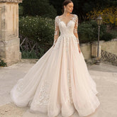 Precioso vestido de novia de encaje de manga larga para mujer, elegante vestido de novia de tul con estampado floral color champán, estilo princesa, ideal para fiestas formales.