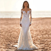 Preciosos vestidos de novia de manga larga para mujer, elegante vestido de novia con apliques de encaje y hombros descubiertos, estilo sirena, formal, playero, con botones.