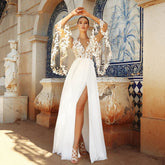 Gorgeous Slit Wedding Dresses V-neck Batwing Sleeves Appliques Court Train Wedding Gown Robe De Mariée Made To Order 2023