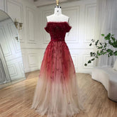 Robe de soirée sexy rouge à col bateau et paillettes, coupe trapèze, effet dégradé, modèle LA70516, 2025