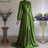 Sale Green Satin A-Line Sexy Simple Evening Dresses 2025 Long Sleeves Silk Formal Evening Gowns LA70554