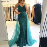 Robe de soirée sirène verte en dentelle et perles, tenue de soirée sexy sans manches, col en V, tulle, photo réelle, LA70064, 2025