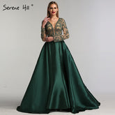 Robe de soirée longue en satin vert à col en V et manches longues avec perles, disponible en solde, sans retour ni remboursement, modèle 2025 LA6312