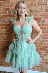 Vestido corto de fiesta con corsé escalonado de tul y tirantes verdes, corte en A, PD545