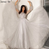 Robe de soirée grise trapèze à perles et plumes, manches longues, luxueuse robe de soirée, Dubaï, LA70472, 2025