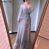 Robe de soirée luxueuse grise à paillettes, coupe trapèze, manches longues, perles, style Dubaï, LA70642