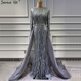 Robe de soirée sirène grise de luxe de Dubaï, robe de soirée à paillettes et perles, manches longues, 2025 LA6302
