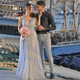 Sale Grey Sequins Beading V-Neck Sexy Evening Dresses 2025 Dubai Sleeveless A-Line Formal Dress LA70340