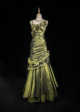 Robe de soirée vintage vert foncé en satin, à encolure asymétrique et perles, style sirène froncée, référence Y8560