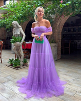 Robe de soirée longue en tulle violet à épaules dénudées, coupe trapèze, référence Y2198