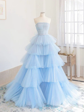 Robe de bal longue en tulle bleu hiver, robe de soirée en tulle bleu à plusieurs épaisseurs Y393