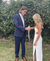 Elegante vestido de fiesta blanco con abertura, vestido de noche blanco Y6383