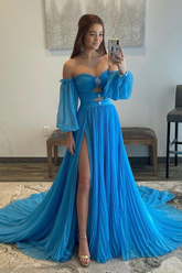 Blue Chiffon A-Line Off the Shoulder Formal Dress Blue Puff Sleeve Evening Dress with Split Y4890