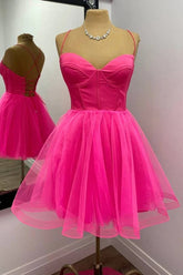 Vestido corto de fiesta rosa fucsia corte A para baile de bienvenida PD533