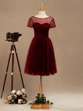 A-Line Knee Length Tulle Short Sleeves Bridesmaid Dress with See Through Bateau Neckline