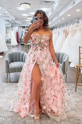 Vestidos largos de fiesta de graduación formales, corte en A, estampado floral rosa, con abertura alta Y5893