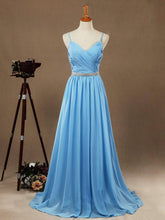 A-Line Spaghetti Straps Chiffon Prom Formal Evening Dress with Beading Belt