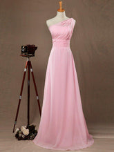 A-Line One Shoulder Floor Length Chiffon Bridesmaid Dress with Wide Belt and Prom Dresses