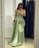Robe de soirée longue vert sauge à épaules dénudées, charmante Y4052