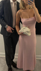 Vestido de fiesta rosa sencillo con tirantes finos, vestido de noche rosa Y7409