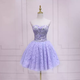 Vestido corto de encaje morado para baile de bienvenida, sin tirantes, talla 37