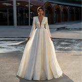 Ivory V Neck Full Sleeve Wedding Dresses Empire Stretch Satin Prom Gowns Zipper Back Summer New Luxury Vestidos De Novia