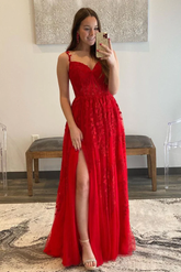 Robe de bal longue rouge en tulle et dentelle, col en V et fente haute, robe de soirée rouge en dentelle, robe de cérémonie rouge Y217