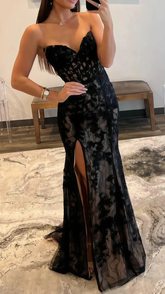Vestido de noche negro, sexy, sin tirantes, escote corazón, encaje, abertura, estilo sirena, vestido de fiesta Y8017