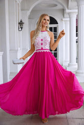 Vestido de noche de gasa con cuello halter y encaje sin mangas para dama de honor, ideal para bodas, fiestas de graduación y noche 28120