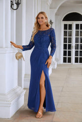 Vestido de dama de honor de gasa para mujer, con cuello en V, bordado, manga larga y abertura frontal, ideal para bodas, fiestas, graduaciones y eventos de noche (SY28130)
