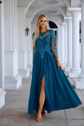 Robe de soirée en mousseline et dentelle, manches longues, col rond, pour demoiselle d'honneur, mariage, bal de promo, SY28132