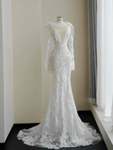 Elegant White Lace Appliques Mermaid Evening Dress,Backless Prom Dress Wedding Dress Y8677