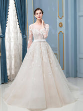 Robe de mariée trapèze en tulle, dentelle, appliques et perles, longue, sans manches, longueur au sol