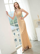 Baoleely Mermaid / Trumpet V-neck Beaded Luxurious Sexy Formal Evening Dresses Sleeveless Floor Length Prom Dresses