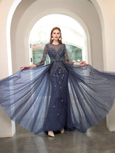 Robe de soirée longue style sirène à perles, luxueuse et élégante, manches longues, longueur au sol